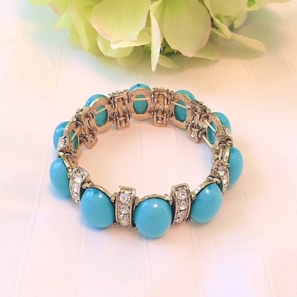 Gold Turquoise Rhinestone Stretch Bracelet - Picture 1 of 7
